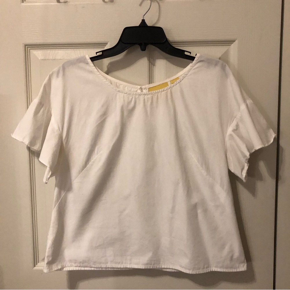 Anthropologie White Flutter Sleeve Cotton Pullover Top Size 12